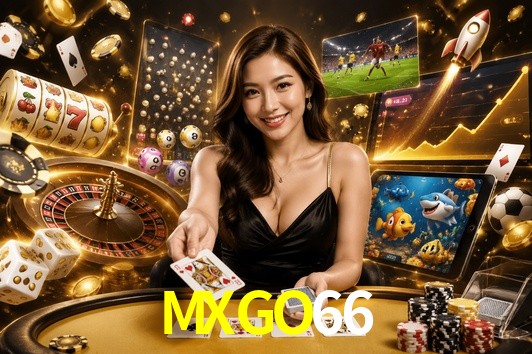 Una escena digital vívida inspirada en casino con MXGO66 mostrado prominentemente, luces brillantes, fichas, cartas y acentos dorados.