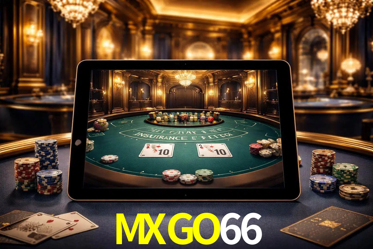Configuración moderna de casino en vivo con una tableta mostrando una mesa de blackjack, luces cálidas de estudio y una atmósfera elegante de juegos digitales.
